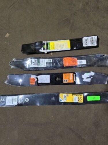 DESCRIPTION: (4) DIFFERENT LAWN MOWER BLADES BRAND/MODEL: TORO, JOHN DEERE, CUB CADET SIZE: 48/42/46 RETAIL$: $100.00 EA QTY: 4