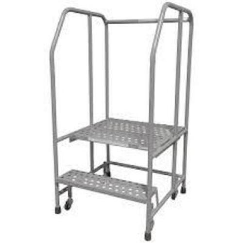 DESCRIPTION: (1) TWO STEP LADDER WITH HANDRAILS BRAND/MODEL: COTTERMAN INFORMATION: ALUMINUM, SILVER, TREATED STAIRS, SLIGHT DAMAGE TO ONE HAND RAIL,
