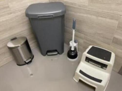 TOILET BRUSH, PLUNGER, STOOL, AND (2) TRASH CANS