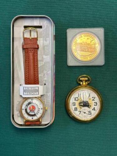 VINTAGE LIONEL TRAINS WATCH, CABLE CAR COIN, AND TRAIN POCKET WATCH
