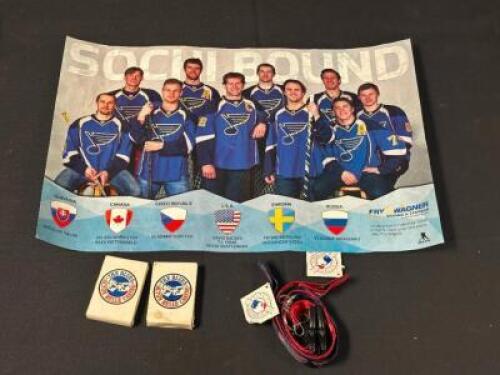 VINTAGE ST. LOUIS BLUES POSTER WITH VINTAGE BLUES PLAYING CARDS AND ST. LOUIS CARDINALS LANYARDS