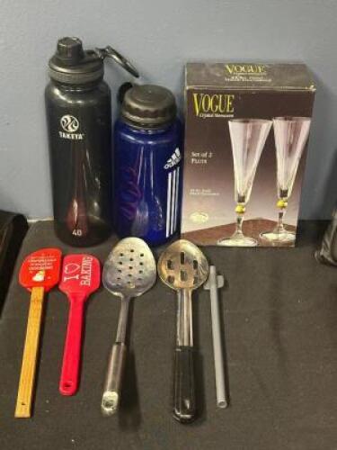 TWO SPORT BOTTLES, NEW CYSTAL FLUTE SET AND ASSORTED SMALLWARES