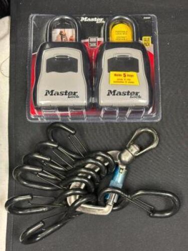 NEW MASTER LOCK BOX PAIR WITH LARGE GROUP OF HEAVY DUTY HARDWARE HOOKS