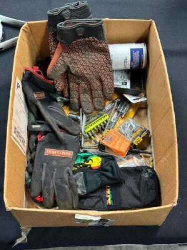 BOX OF ASSORTED WORK GLOVES AND DRILL BITS