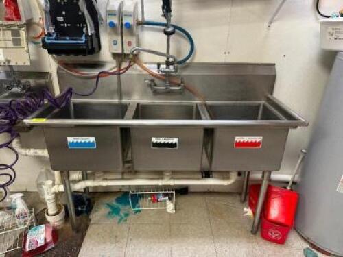 DESCRIPTION THREE WELL STAINLESS POT SINK W/ SPRAYER AND SOAP DISPENSER. SIZE 60" LOCATION KITCHEN QTY 1