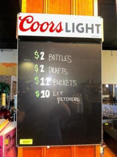 DESCRIPTION COORS LIGHT RE-WRITABLE LIGHTED BAR MENU LOCATION BAR QTY 1