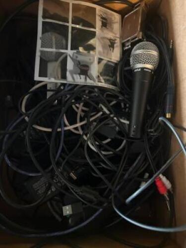 DESCRIPTION: BOX OF ASSORTED AUDIO EQUIPMENT LOCATION: TABLES THIS LOT IS: ONE MONEY QTY: 1