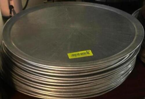 DESCRIPTION: (25) - PIZZA PANS SIZE: 16" LOCATION: TABLES THIS LOT IS: SOLD BY THE PIECE QTY: 25