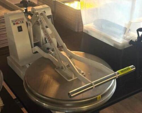DESCRIPTION: PIZZA DOUGH PRESS BRAND / MODEL: DOUGH EXPRESS DM18 LOCATION: TABLES THIS LOT IS: ONE MONEY QTY: 1