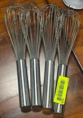 DESCRIPTION: (4) - STAINLESS WHISKS LOCATION: TABLES THIS LOT IS: SOLD BY THE PIECE QTY: 4
