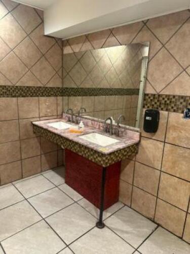 DESCRIPTION: RESTROOM COUNTERTOP AND MIRROR SIZE: 3' MIRROR AND 5 FT. COUNTER TOP. LOCATION: RESTROOM THIS LOT IS: ONE MONEY QTY: 1