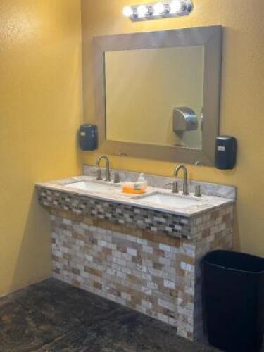 DESCRIPTION: RESTROOM COUNTERTOP AND MIRROR SIZE: 3' MIRROR AND 5 FT. COUNTER TOP. LOCATION: RESTROOM THIS LOT IS: ONE MONEY QTY: 1