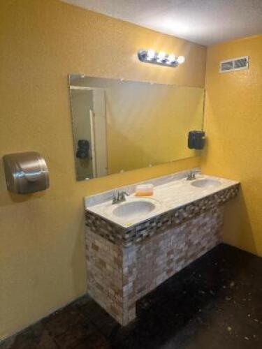 DESCRIPTION: RESTROOM COUNTERTOP AND MIRROR SIZE: 3' MIRROR AND 5 FT. COUNTER TOP. LOCATION: RESTROOM THIS LOT IS: ONE MONEY QTY: 1