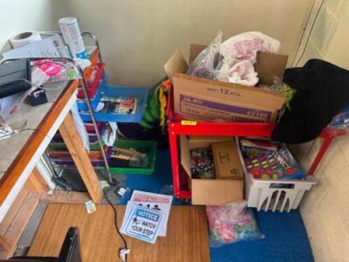 DESCRIPTION: ASSORTED TOYS AND CONTENTS OF REWARDS AREA LOCATION: REWARDS COUNTER THIS LOT IS: ONE MONEY QTY: 1