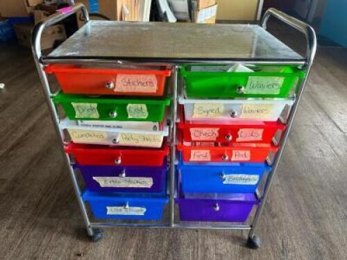 DESCRIPTION ROLL ABOUT METAL AND PLASTIC DRAWER ORGANIZER. LOCATION BAR QTY 1