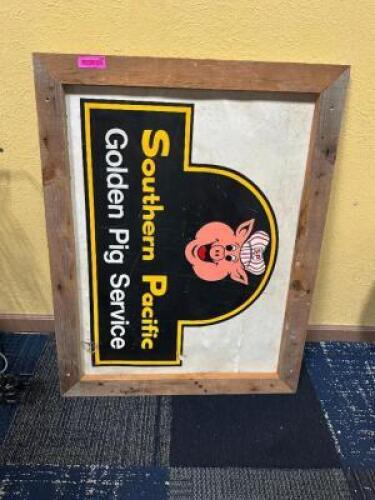 DESCRIPTION SOUTHERN PACIFIC GOLDEN PIG FRAMED SIGN LOCATION MAIN SEATING QTY 1