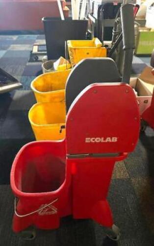 DESCRIPTION ECOLAB RED PLASTIC HEAVY DUTY MOP BUCKET W/ WRINGER BRAND / MODEL: ECOLAB LOCATION MAIN SEATING QTY 1
