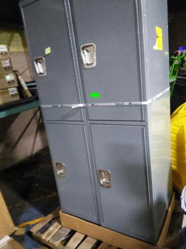 DESCRIPTION: (2) 2-TIER LARGE EXTRA WIDE COMPARTMENT WARDROBE LOCKERSBRAND/MODEL: HALLOWELLINFORMATION: DARK GRAYSIZE: APPROX 18" X 24" X 78"QTY: 2