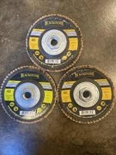 DESCRIPTION: (3) BOXES OF (5) FLAP DISC BRAND/MODEL: BLACKSTONE # 0812640 INFORMATION: TYPE 29, 80 GRIT SIZE: 4.5X5/8-11 RETAIL$: $25.20 EA QTY: 3