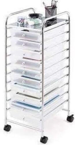 DESCRIPTION: (1) DRAWER SHELF INFORMATION: NO DRAWERS INCLUDED, SILVER, 9 SLOTS FOR DRAWERS, CURVED, ROLLING, IMAGES ARE FOR ILLUSTRATION PURPOSES ONL