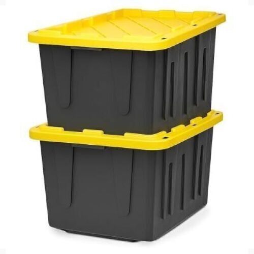 DESCRIPTION: (2) STORAGE BINS WITH LIDBRAND/MODEL: DURABILT #4427BKYLDCINFORMATION: BLACK AND YELLOWSIZE: 27 GALLON,&nbsp;30.75" x 20.5" x 14.375"RETAIL$: $56.60 EAQTY: 2