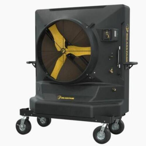 DESCRIPTION: (1) EVAPORATIVE COOLERBRAND/MODEL: BIG ASS FANS/COOL SPACE 400INFORMATION: CLICK INTO LOT TO SEE VIDEO, 9700 CFM, 46 GALLON RESERVOIR CAPACITY, 3600 SQFT COVERAGE, 3/4 HP, 110-120VSIZE: 30" X 62 1/2" X 70 1/2"RETAIL$: $3,299QTY: 1Cool Space 4