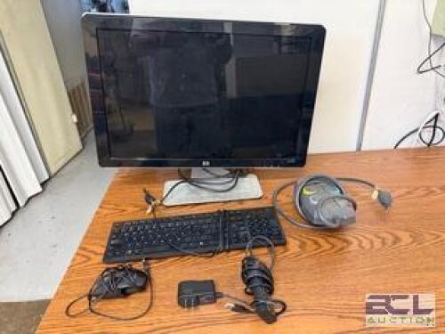 HP COMPUTER MONITOR, KEYBOARD AND ASSORTED OFFICE ELECTRONICS