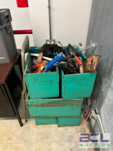 ASSORTED TOOLS AND WOOD CRATES
