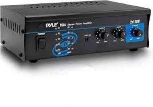 DESCRIPTION: (1) POWER AMPLIFIER STEREO BRAND/MODEL: PYLE #PCA4 INFORMATION: BLACK, MINI SIZE: 2X120W RETAIL$: $59.98 EA QTY: 1