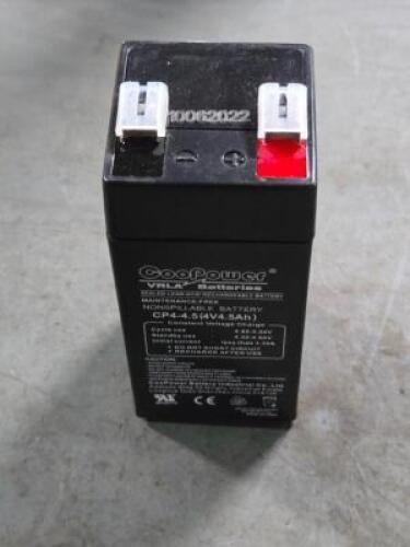 DESCRIPTION: (2) SEALED LEAD ACID BATTERIESBRAND MODEL COOPOWER 5EFE7SIZE: 4VDC, 4.5 AHRETAIL$: $33.80QTY: 2