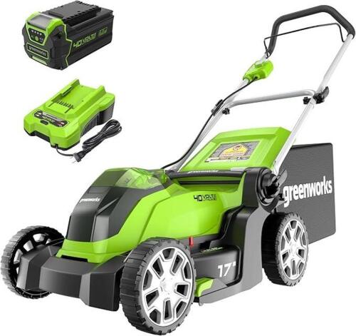 DESCRIPTION: (1) CORDLESS LAWN MOWER BRAND/MODEL: GREENWORKS/MO40B411 INFORMATION: INCLUDS 4AH BATTERY & CHARGER SIZE: 17" RETAIL$: $299.99 QTY: 1