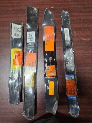 DESCRIPTION: (4) DIFFERENT LAWN MOWER BLADES BRAND/MODEL: TORO, JOHN DEERE, CUB CADET SIZE: 48/42/46 RETAIL$: $100.00 EA QTY: 4