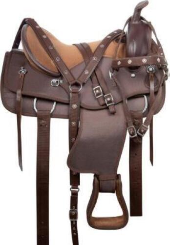 DESCRIPTION: SYNTHETIC LEATHER WESTERN COMFORT SADDLE BRAND/MODEL: JD IMPORTS KS2304 INFORMATION: BROWN, HEADSTALL, REINS, AND BREAST COLLAR SIZE: 15"