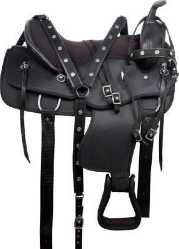 DESCRIPTION: SYNTHETIC LEATHER WESTERN COMFORT SADDLE BRAND/MODEL: JD IMPORTS KS2303 INFORMATION: BLACK, HEADSTALL, REINS, AND BREAST COLLAR SIZE: 17"