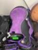 DESCRIPTION: SYNTHETIC LEATHER WESTERN BARREL RACER SADDLE BRAND/MODEL: JD IMPORTS INFORMATION: PURPLE, HEADSTALL, REINS, BREAST COLLAR SIZE: 17" LOCA - 4