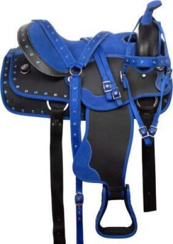 DESCRIPTION: SYNTHETIC LEATHER BARREL RACING SADDLE BRAND/MODEL: JD IMPORTS KT-18009 INFORMATION: BLUE, HEADSTALL, REINS, BREAST COLLAR SIZE: 14" LOCA
