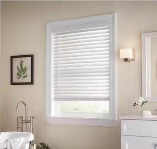 WHITE CORDLESS FAUX WOOD BLINDS FOR WINDOWS WITH 2 IN. SLATS - 66 IN. W X 72 IN.