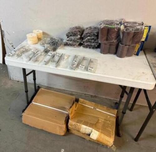 LARGE ASSORTMENT OF GRINDING WHEELS, CABINET HARDWARE, SANDING BELTS, AND OTHER HARDWARE
