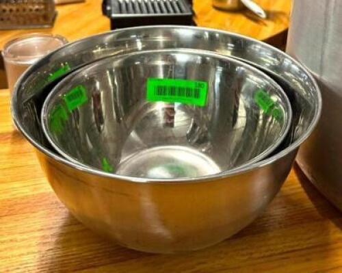 DESCRIPTION: (2) STAINLESS MIXING BOWLS SIZE: SEE PHOTOS LOCATION: BAY 6 QTY: 2