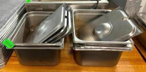 DESCRIPTION: (5) 1/2 SIZE STAINLESS INSERTS WITH (4) LIDS SIZE: 6" DEEP LOCATION: BAY 6 QTY: 5