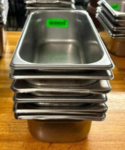 DESCRIPTION: (6) 1/3 SIZE STAINLESS INSERTS SIZE: 4" DEEP LOCATION: BAY 6 QTY: 6