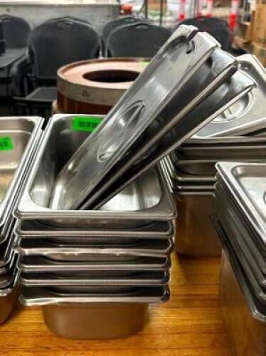 DESCRIPTION: (6) 1/3 SIZE STAINLESS INSERTS WITH (3) LIDS SIZE: 4" DEEP LOCATION: BAY 6 QTY: 6