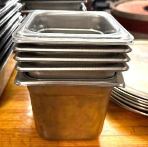 DESCRIPTION: (5) 1/6 SIZE STAINLESS INSERTS SIZE: 6" DEEP LOCATION: BAY 6 QTY: 5
