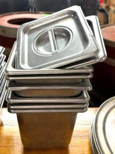 DESCRIPTION: (6) 1/6 SIZE STAINLESS INSERTS WITH (3) LIDS SIZE: 6" DEEP LOCATION: BAY 6 QTY: 6
