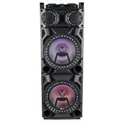 DESCRIPTION: (1) BLUETOOTH SPEAKER BRAND/MODEL: QFX #PBX-1215 INFORMATION: BLACK, DUAL SPEAKERS WITH LED PARTY LIGHTS SIZE: 12" RETAIL$: $299.99 EA QT