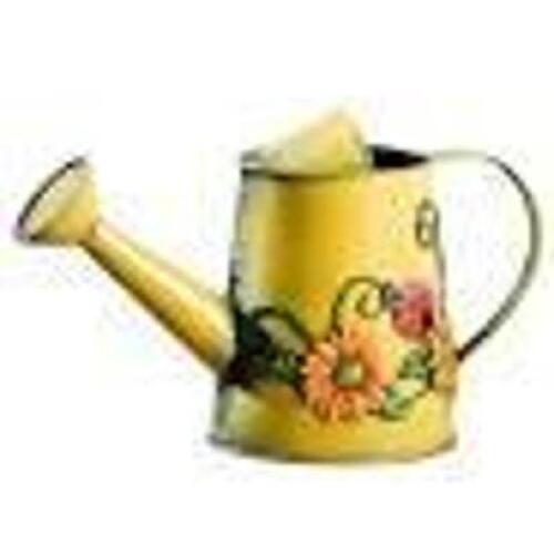 DESCRIPTION: (1) DECORATIVE METAL WATERING CAN BRAND/MODEL: WESTCHARM INFORMATION: YELLOW, METAL, WITH FLOWERS SIZE: 1 LITER RETAIL$: $31.49 EA QTY: 1