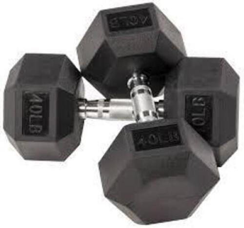 DESCRIPTION: (1) SET OF (2) DUMBELL WEIGHTS INFORMATION: BLACK, RUBBER SIZE: 40 LB RETAIL$: $119.99 TOTAL QTY: 1