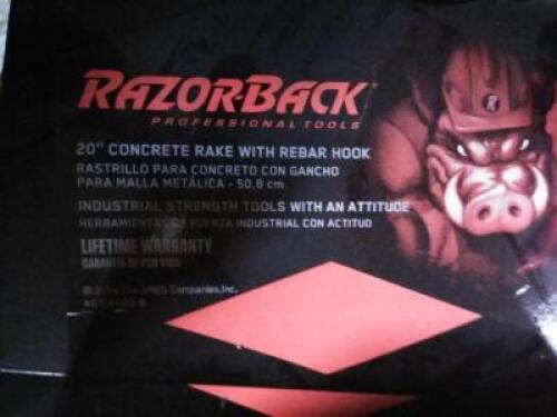 DESCRIPTION: (1) CONCRETE RAKE WITH REBAR HOOK BRAND/MODEL: RAZOR-BACK SIZE: 20" RETAIL$: $43.18 EA QTY: 1
