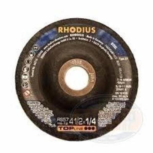 DESCRIPTION: (10) GRINDING DISC BRAND/MODEL: RHODIUS #RS57 INFORMATION: TYPE 27/FOR STEEL SIZE: 9" X 1/4" RETAIL$: 12.98 EACH QTY: 10