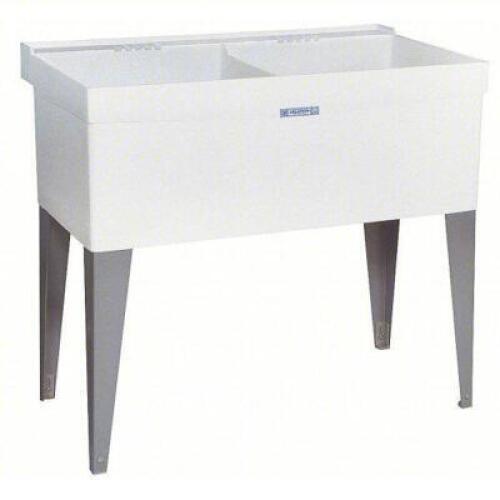 DESCRIPTION: (1) UTILITY SINK BRAND/MODEL: MUSTEE #4ARZ3 INFORMATION: WHITE, POLYPROPYLENE, 2 BOWLS SIZE: 34 IN OVERALL HT, 40 IN OVERALL LG, 12 3/4 I